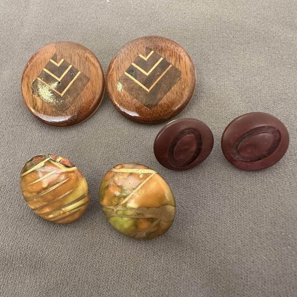 Vintage Lot Of Wooden Earrings  Brown‎ 70s 80s Inlay Boho Retro Painted